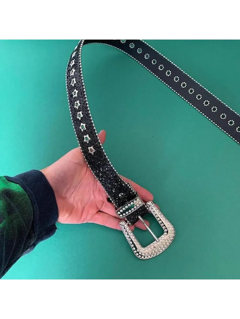Cyber 2000s Y2k Style Studded Black and Silver 2-Tone Rhinestone belt. Cool